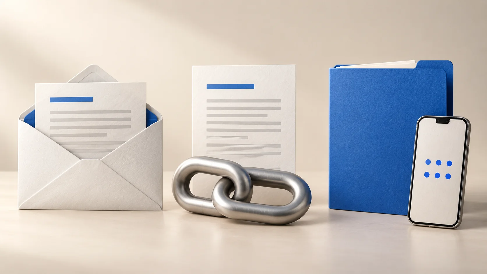 Een e-mailbijlage, een downloadlink en een telefoon met code als drie manieren van bestanden delen.