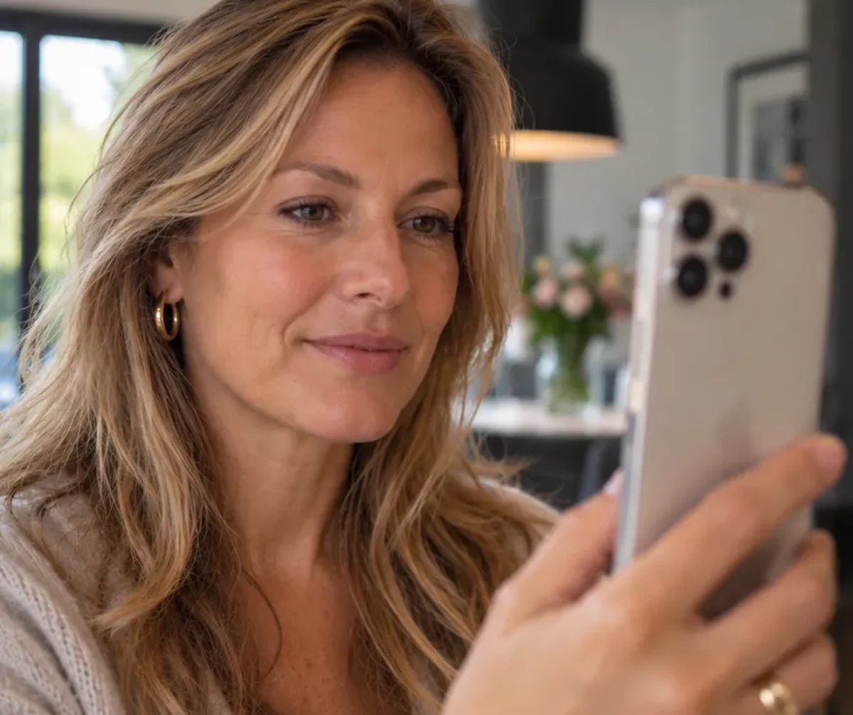 Woman looks into her phone camera for the face check