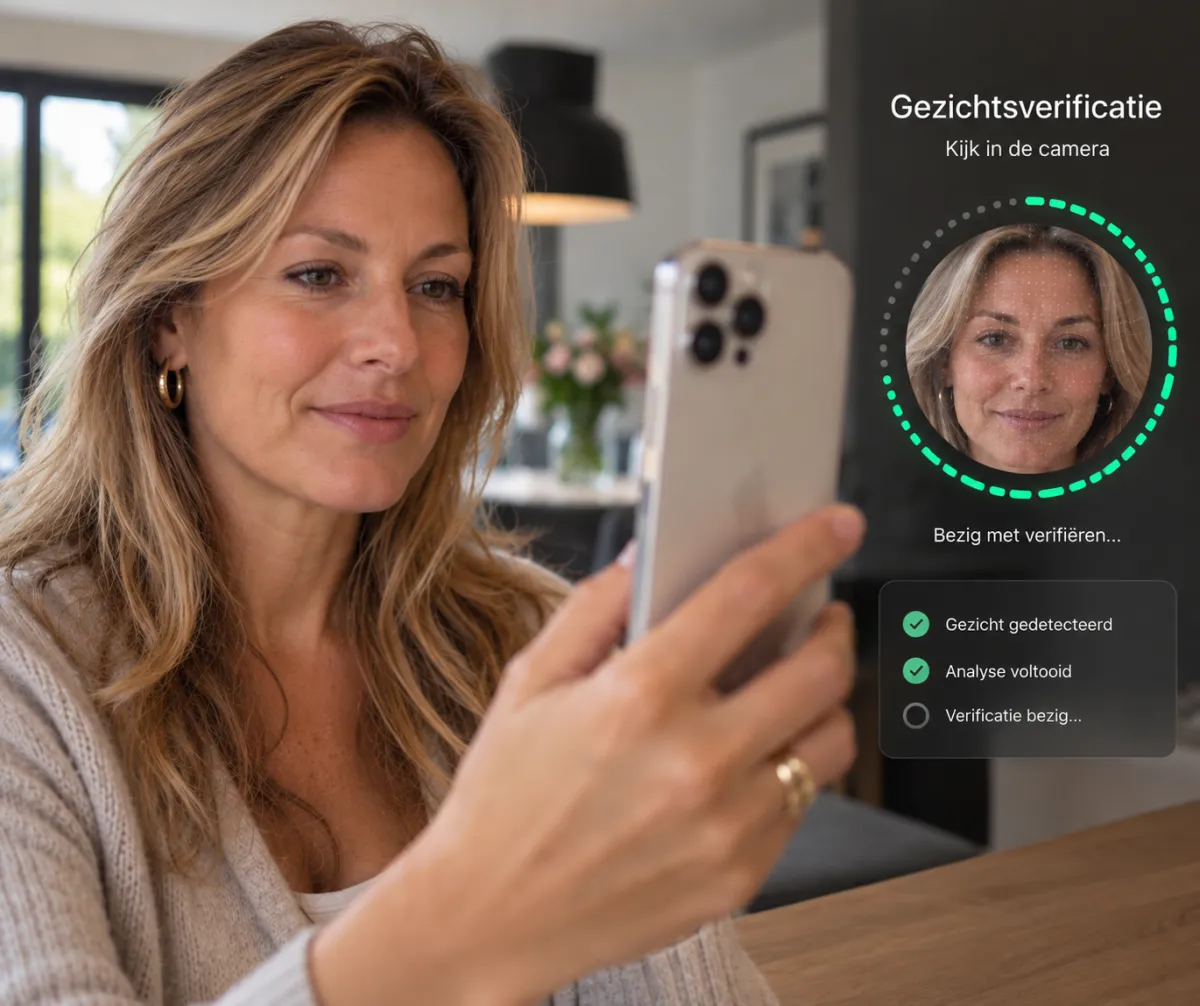 Vrouw kijkt in de camera van haar telefoon voor de gezichtscontrole