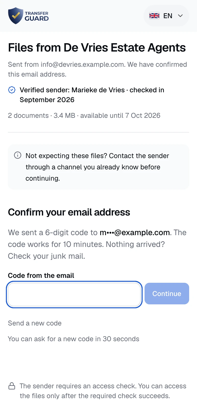 Recipient page on an iPhone: Files from De Vries Estate Agents, 2 documents. The recipient enters the code from the email.